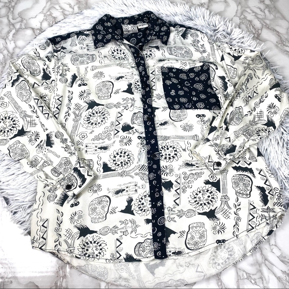 Vtg Zarus Day Of The Dead Skull Goth Print Button Down EUC